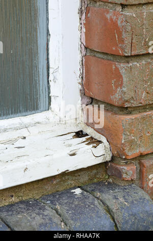 Detail der Fäulnis in einem alten hölzernen Fensterrahmen Stockfoto