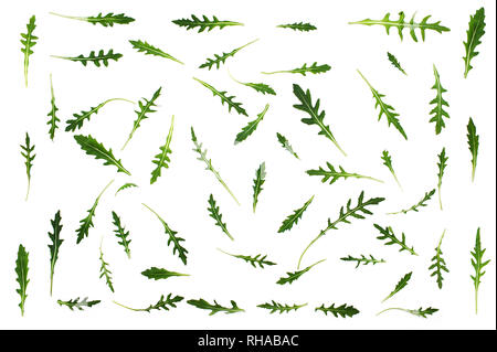 Kreatives Layout mit Rucola Blätter. Gesunde Ernährung Konzept, kreativen Hintergrund. Gemüse, Ansicht von oben. Stockfoto