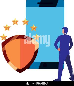 Geschäftsmann shield Schutz mobiler digitaler copyright Vector Illustration Stock Vektor