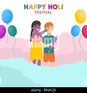 Kinder, die in bunten Staub. Happy Holi Festival. Indian Holi Fest Feier. Stock Vektor