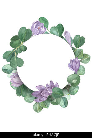 Safran und Eukalyptus aquarell Blumen Rahmen. Crocus handbemalte runden Rahmen für die Einladung. Frühling Hochzeit Konzept. Stockfoto