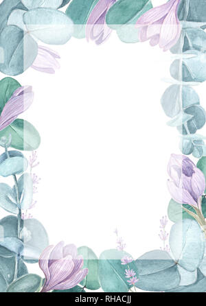 Crocus Eukalyptus hochzeit einladung Vorlage. Hand gemalte Aquarell Safran Hintergrund. Frühling Hochzeit Konzept. Stockfoto