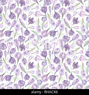 Spring Saffron auf weißem Aquarell nahtlose Muster. Violette Blumen Handgemalten Aquarell nahtlose Hintergrund. Stockfoto