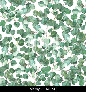 Aquarell Eukalyptus handbemalte nahtlose Muster. Grünes Laub Aquarell nahtlose Hintergrund. Stockfoto