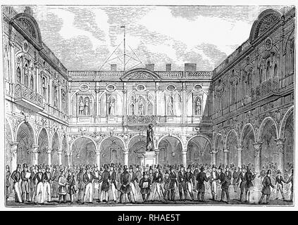 Der Royal Exchange in Cornhill und Threadneedle Street, London wurde im 16. Jahrhundert von dem Kaufmann Thomas Gresham als Zentrum des Handels für die Stadt London gegründet. Es hat zweimal wurde durch Brand zerstört und anschließend wieder aufgebaut. Die Abbildung zeigt die zweite Komplex an der Stelle gebaut, entworfen von Edward Jarman, 1669 eröffnet und brannte im Jahr 1838. Traditionell werden die Schritte der Royal Exchange ist der Ort, an dem königlichen Proklamationen, Auflösung des Parlaments; der Tod oder Abdankung eines Monarchen; Bestätigung der Beitritt der nächsten Monarchen auf den Thron ausgelesen werden. Stockfoto