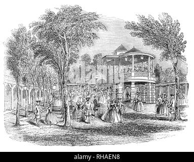 Vauxhall Gardens, einen Lustgarten in Kennington am Südufer der Themse in 1751. Es war eine der führenden Spielstätten für die öffentliche Unterhaltung in London, aus der Mitte des 17. Jahrhunderts bis zur Mitte des 19. Jahrhunderts. Ursprünglich bekannt als 'New Spring Gardens', die Website glaubten vor der Restaurierung von 1660, die erste bekannte Erwähnung von Samuel Pepys in 1662 gemacht wird geöffnet zu haben. Die Gärten bestand aus mehreren Hektar Bäume und Sträucher mit attraktive Wanderungen. Stockfoto