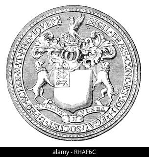 Die Dichtung der königlichen Gesellschaft von London zur Verbesserung der natürlichen Erkenntnis, die gemeinhin als die Königliche Gesellschaft bekannt. Es ist eine Gelehrtengesellschaft am 28. November 1660 gegründet und gewährt eine königliche Charta durch König Charles II. als "Royal Society". Die älteste nationale wissenschaftliche Einrichtung in der Welt es erfüllt eine Reihe von Aufgaben: Förderung der Wissenschaft und deren Vorteile, Erkennen von Exzellenz in der Wissenschaft, die Förderung herausragender Wissenschaft, die wissenschaftliche Beratung für die Politik, für die Stärkung der internationalen und der globalen Zusammenarbeit, Bildung und öffentliches Engagement. Stockfoto