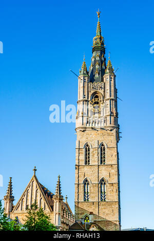 Gent, Belgien: Der Glockenturm (Belfort) Tower, dem höchsten Glockenturm in Belgien, ein UNESCO-Weltkulturerbe, errichtet im Jahre 1380 nach einem Entwurf von Master Maurer Stockfoto