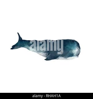 Aquarell whale Hand gemalte Abbildung auf weißem Hintergrund. Realistische unterwasser Tier. Digitale moderne künstlerische Darstellung. Stockfoto