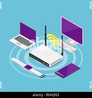 Wohnung 3 d Isometrische elektronische Geräte, die mit einem WLAN-Router verbunden. Wifi connection und drahtlose Technologie Konzept. Stock Vektor
