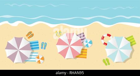Sommer Urlaub auf einem touristischen Strand Ansicht von oben mit Sonnenschirm flip flops Ball und Rettungsring vector Abbildung: EPS 10. Stock Vektor
