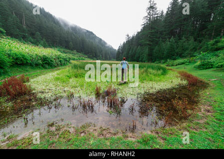 Kullu, Himachal Pradesh, Indien - September 02, 2018: Reisende mit Gras bedeckt punrik Rishi See von deodar Baum im Himalaya umgeben, Sainj Valley Stockfoto