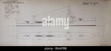 AJAX-NEWS & FEATURE SERVICE - THORNYCROFT KRIEGSSCHIFF PLÄNE-Typ; TORPEDOBOOT DESTROYER DESIGN. NAME: HMS ACHERON, Ariel. - THORNYCROFT ZEICHNUNGEN FÜR EINEN 780 T, 29 Knoten/SCHRAUBE TURBINE MASCHINEN SCHIFF. Foto: VT-SAMMLUNG/AJAX REF: 91907 2773 Stockfoto