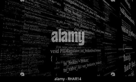 Software Source Code. Schichten von Programmcode auf schwarzem Hintergrund Stockfoto