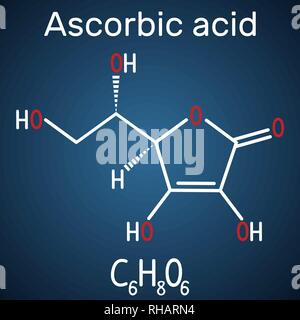 Ascorbinsäure (Vitamin C). Strukturelle chemische Formel und Molekül Modell auf dem dunkelblauen Hintergrund. Vector Illustration Stock Vektor