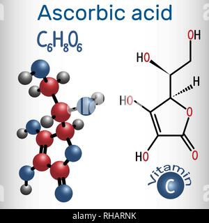 Ascorbinsäure (Vitamin C). Strukturelle chemische Formel und Molekül-Modell. Vector Illustration Stock Vektor