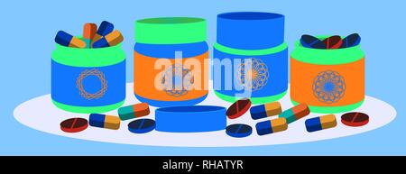 Verschiedene Apotheke kauft. Medizinische Flaschen blaue und grüne Farbe und Pillen und Flaschen. Vektor Konzept Gesundheit Objekte. Stock Vektor