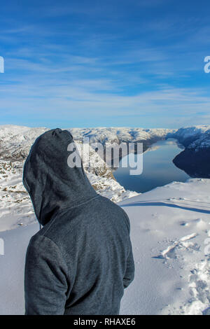 Im Winter, Blick vom Preikestolen am Lysefjord, Stavanger, Norwegen Preikestolen Stockfoto