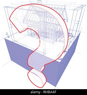 3d-Abbildung: Schematische Darstellung eines Rahmens der Bau eines Einfamilienhauses mit 3D-Bemaßungen und Fragezeichen Stock Vektor