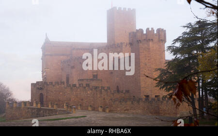 Blick auf beeindruckende mittelalterliche Burg von Xavier mit angehängten Basilika in nebligen Herbstmorgen, Javier, Navarra, Spanien Stockfoto