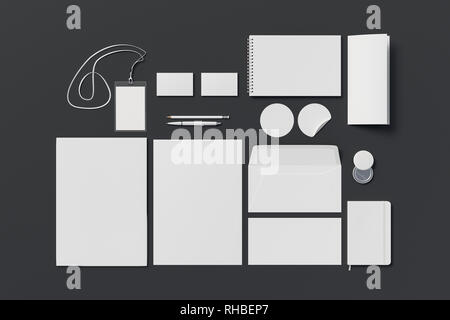 Unternehmensidentität. Stationäres Branding-Set auf schwarzem Hintergrund Stockfoto