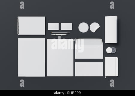 Unternehmensidentität. Stationäres Branding-Set auf schwarzem Hintergrund Stockfoto