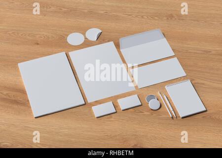 Unternehmensidentität. Stationäres Branding-Set auf hölzernem Hintergrund Stockfoto