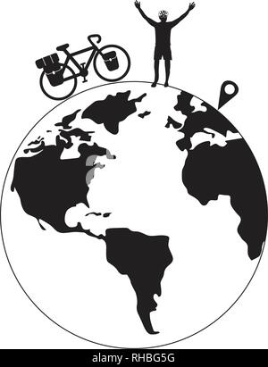 Radfahrer seine Hand heben mit bikepacking touring Bike auf der Erde Globus Vector Stock Vektor