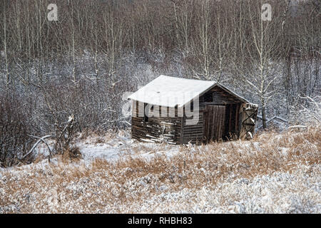 Eine alte verlassene westlichen Nebengebäude auf einem Gehöft im Winter. Stockfoto