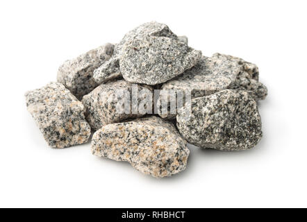 Stapel von gebrochenem Granit Steine isoliert auf weißem Stockfoto