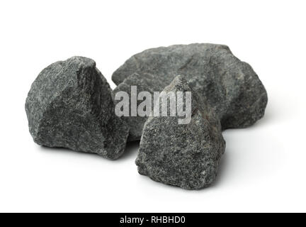 Zerkleinert Granit Steine isoliert auf weißem Stockfoto