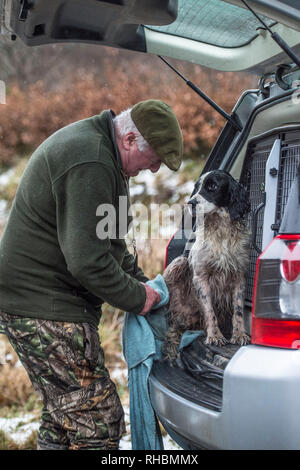 Hunter seinen nassen Hund trocknen Stockfoto