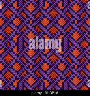 Gestrickte nahtlose Ornament mit Verflechtung der violette Linien auf dem orangen Hintergrund, vector Pattern als Stoff Textur Stock Vektor