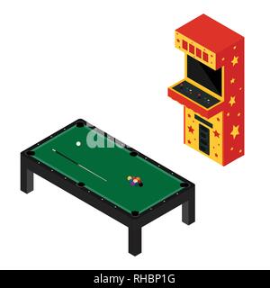 Spiel raum Konzept. Arcade game Machine und Pool Billard isoliert auf Weiss. Isometrische Stock Vektor