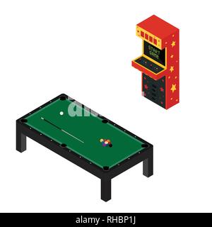 Spiel raum Konzept. Arcade game Machine und Pool Billard isoliert auf Weiss. Isometrische Stock Vektor