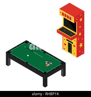 Spiel raum Konzept. Arcade game Machine und Pool Billard isoliert auf Weiss. Isometrische Stock Vektor