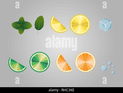 Zitrusfrüchte. Zitrone, Orange, Limette, Ice Cube, Blasen und Minzeblättchen. 10 ilelements Vector EPS Stock Vektor