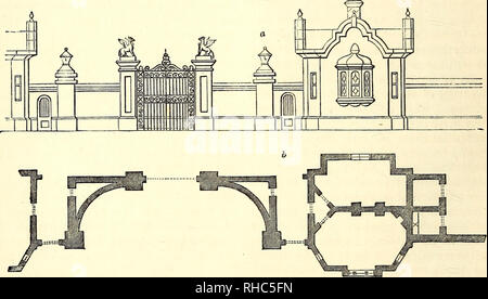 . Das Buch der Garten. Gartenarbeit. Sitten; und Abb. 18 Eine für ein Gateway und Portierloge, in Verbindung mit einem Mann der ein sehr architektonischen Charakter, eine zeigt die Höhe und b den Grundriss. Die wichtigsten Eingang zur neuen Bild. 18. Garten in Poltalloch liegt in einer recht unterschied- lichen Stil von den bereits bemerkt. In der Villa, ein Schlitten - Fahrt führt in die Mitte des Westens vor der Küche Garten. (1.) Es wird vorgeschlagen, dass die umfangreichen Zaun an diesem Punkt mit einem schmiedeeisernen Tor eingerichtet werden sollte, und eine gewölbte Pas-Salbei von rankgitter - Arbeit, Cov Stockfoto