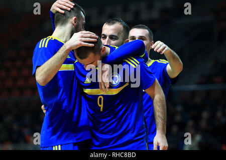 (190202) - ZENICA, Februar 2, 2019 (Xinhua) Spieler von Bosnien und Herzegowina feiern zählen während der Gruppe F dritte Vorrunde Spiel der Qualifikation für die FIFA Futsal-Weltmeisterschaft 2020 gegen die Türkei in Zenica, Bosnien und Herzegowina (BiH) am Februar 1, 2019. (Xinhua / nedim Grabovica) Stockfoto