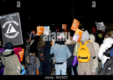 New York, NY, USA. 01 Feb, 2019. New York LGBTQ Gemeinschaften sammelte, um in Solidarität mit Schauspieler Jussie Smollett am Grand Army Plaza in Manhattan am 1. Februar, 2019. Das "Empire" Schauspieler wurde angegriffen von zwei Menschen brüllen rassistische und homophobe slurs in Chicago, Illinois, wo der Hit-TV-Serie gedreht wurde, am 29. Januar 2019, und nach links, um die Schauspieler ins Krankenhaus eingeliefert. © 2019 G. Ronald Lopez/DigiPixsAgain. us/AlamyLive Nachrichten Stockfoto