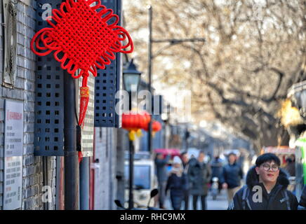 Peking, China. 1 Feb, 2019. Chinesische Knoten und Laternen werden auf der Straße hing eine festliche Atmosphäre bei Maoer Hutong, einem traditionellen Gasse, in Peking, der Hauptstadt von China, Februar 1, 2019 zu erstellen. Die Stadt ist eingerichtet, um den kommenden chinesische Mondjahr, das am 5. Februar in diesem Jahr fällt, zu begrüßen. Credit: Li Xin/Xinhua/Alamy leben Nachrichten Stockfoto