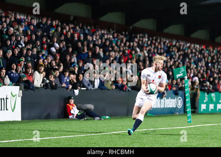 Cork, Irland. 1 Feb, 2019. Josh Hodge bei den unter 20 Sechs Nationen Übereinstimmung zwischen Irland und England bei der Irish Independent Park. Quelle: David Ribeiro Stockfoto