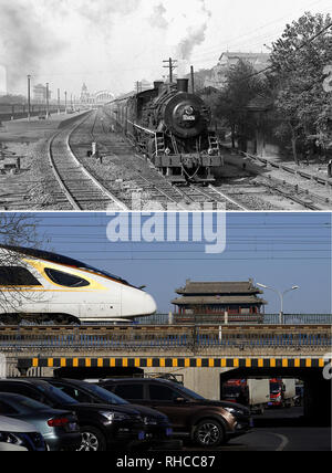 (190202) - Peking, Februar 2, 2019 (Xinhua) - Diese combo Foto zeigt den ersten Beijing-Guangzhou direkten Zug, der Beijing Railway Station am Okt. 14, 1957, (oben, Foto von Meng Qingbiao); und ein fuxing Bullet Zug vorbei an der Yongdingmen Gate Tower, wie es auf der Beijing-Tianjin intercity Schiene fährt, Jan. 25, 2019 (unten, Foto von Xing Guangli). China erleben 40 Tage ihrer jährlichen Special'' oder Spring Festival reisen Rush, der als der "größte Migration auf dem Planeten betitelt wird, "mit 2,99 Mrd. Ausflüge über den 40-Tage-Frist vorgenommen werden dieses Jahr. Während dieser Stockfoto