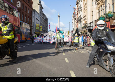 London, Großbritannien. 2 Feb, 2019. Pro Brexit gelbe Weste Demonstranten März vom Trafalgar Square zu den Häusern des Parlaments eine harte Brexit zu verlangen. Credit: George Cracknell Wright/Alamy leben Nachrichten Stockfoto