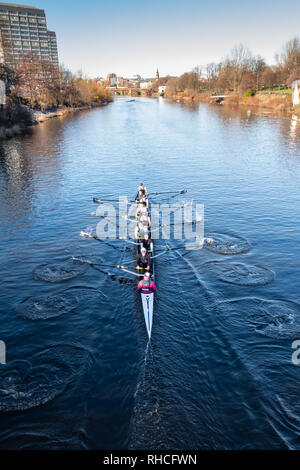 Glasgow, Schottland, Großbritannien. 2. Februar, 2019. UK Wetter. Die Ruderer auf einer ruhigen Fluss Clyde an einem kalten, sonnigen Tag. Credit: Skully/Alamy leben Nachrichten Stockfoto