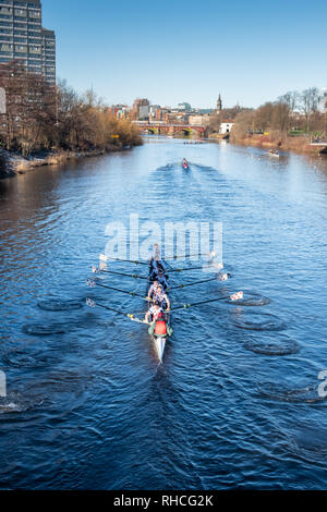 Glasgow, Schottland, Großbritannien. 2. Februar, 2019. UK Wetter. Die Ruderer auf einer ruhigen Fluss Clyde an einem kalten, sonnigen Tag. Credit: Skully/Alamy leben Nachrichten Stockfoto