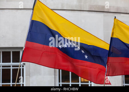 London, Großbritannien. 2. Februar, 2019. Anhänger der venezolanischen Regierung von Nicolás Maduro an einem Protest durch die Revolutionäre Kommunistische Gruppe außerhalb der BBC Broadcasting House organisiert wahrgenommenen britischen Medien bias in Unterstützung von Juan Guaidó, dem Leiter des Nationalen venezolanischen Montage, der sich Interim Präsident Venezuelas in der vergangenen Woche hatte erklärt zu markieren. Credit: Mark Kerrison/Alamy leben Nachrichten Stockfoto