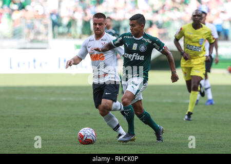 São Paulo, Brasilien. 2. Februar 2019. São Paulo, Brasilien. 2. Februar 2019. PALMEIRAS X KORINTHER - Ramiro und Dudu bei einem Match zwischen Palmeiras und Korinther, gültig für die 5. Runde des 2019 Paulista Meisterschaft, an der die Allianz Parque Stadium, West Zone von São Paulo, SP statt. (Foto: Ricardo Moreira/Fotoarena) Credit: Foto Arena LTDA/Alamy leben Nachrichten Stockfoto