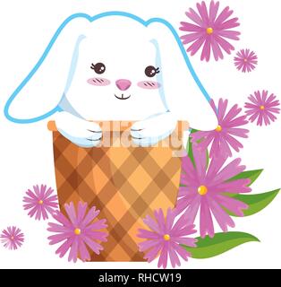 Niedliche Hase im Korb mit Blumen Stock Vektor