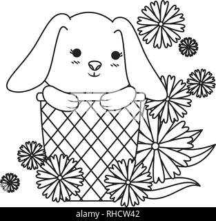 Niedliche Hase im Korb mit Blumen Stock Vektor